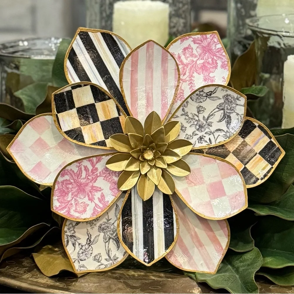 Hand Crafted Metal Flower Wall Decor 13” Rosy Check and Pink Toile